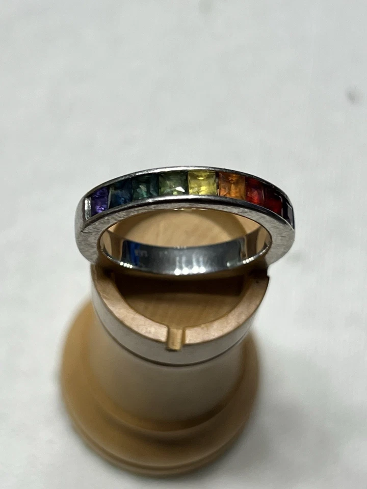 Anillo de boda de 10 piedras con zafiro arco iris banda de platino genuino para hombre 8,5” Foto 2 de 4