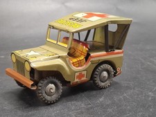 Vintage 1950 s Japan Tin Litho Friction Army Rescue Jeep Working 4"