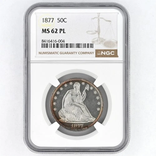 1877-P 50C SEATED LIBERTY HALF DOLLAR PROOF LIKE COIN 90% SILVER NGC MS62 PL