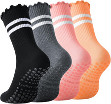 Pilates Socks for Women with Grips Non Slip Yoga Ruffle Crew Socks for Barre Hos