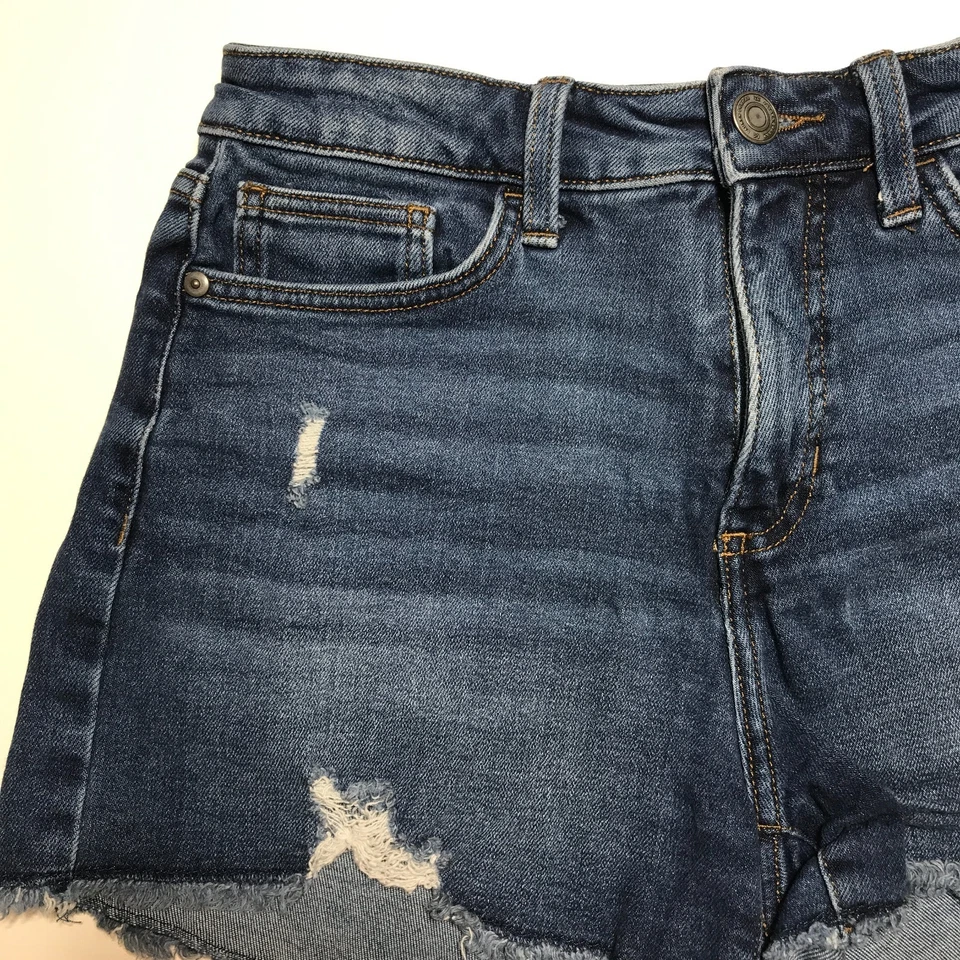 Pantalones Cortos Lauren Conrad Mamá Mujer 4 Tiro Alto Destroy Flecos Dobladillo Azul Jean Denim Foto 3 de 4