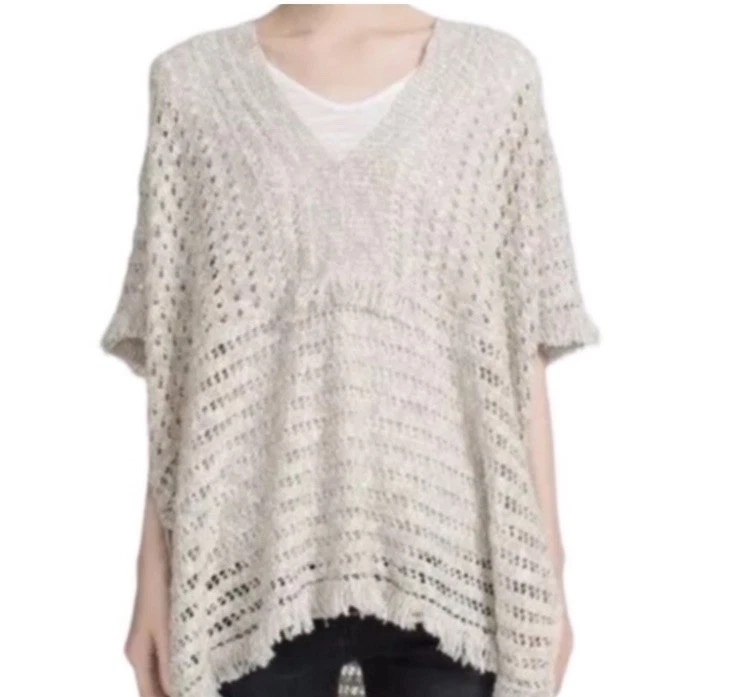 Poncho con flecos blanco y Warren tejido abierto tejido talla M/L Foto 3 de 4