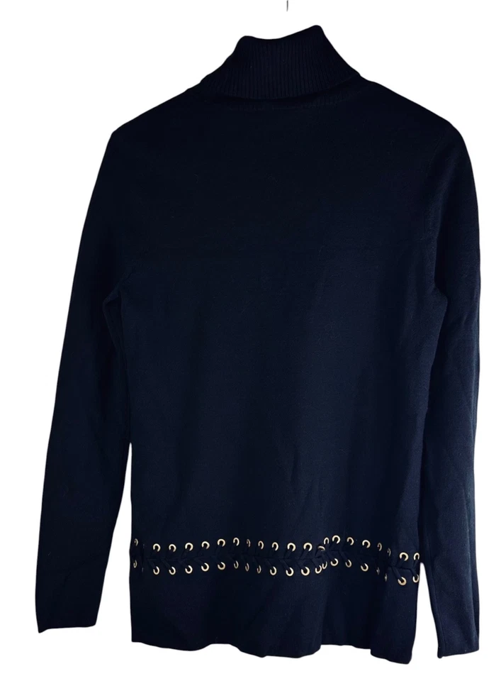Tory Burch Turtleneck Sweater Medium 100% WOOL Navy Blue Grommet Quiet Luxury ^ - Image 3 of 4