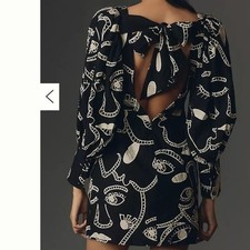 Farm Rio Richelieu Faces Long-Sleeve Back-Bow Mini Dress Size XXS