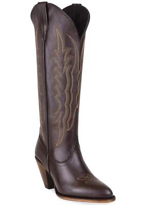 Women Genuine Leather Destiny Western Snip Toe Brown Knee High Boots Handcrafted