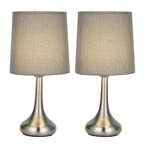 Set of 2 Modern Bedside Table Lamps with Gray Fabric Shade for Bedroom, Office