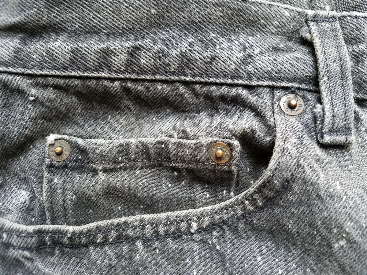 1980s Levi's 501 Jeans Dark Gray w/ Flecs Red Bat Ink Wing 1980s Levi's 501 Jeans Dark Gray w/ Flecs Red Bat Ink Wing