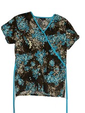 Women's Absolute Scrub Top Size XS Turquoise Teal Brown Tie Waistline