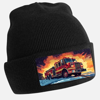 Black Fire Truck Print Beanie Hat - Unisex Cap, Cotton