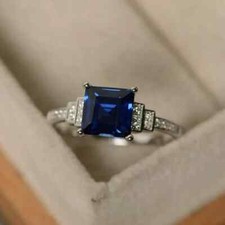 Princess Cut Simulated Blue Sapphire  Diamond Promise Ring 14K White Gold Over
