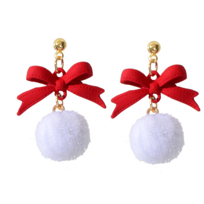 White Snowball Red Bow Drop Dangle Stud Earrings Christmas Party Gift Jewellery