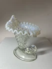 Vintage Fenton Glass Cornucopia Hobnail Candle Holder White Clear Art Glass Vase