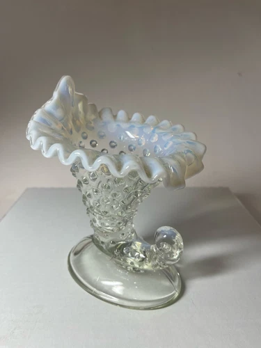 Vintage Fenton Glass Cornucopia Hobnail Candle Holder White Clear Art Glass Vase
