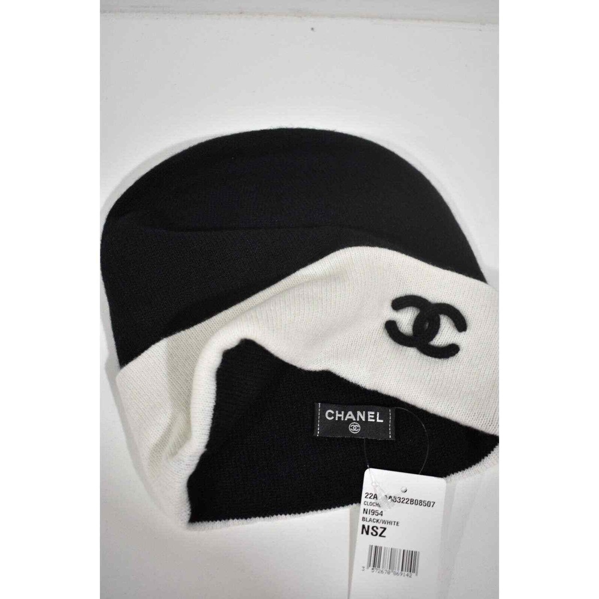Chanel 22A Cashmere Black White CC Logo Foldover Beanie Winter Hat