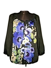 White House Black Market Medium Sheer Floral Blouse Tie Top Polyester WHBM LS