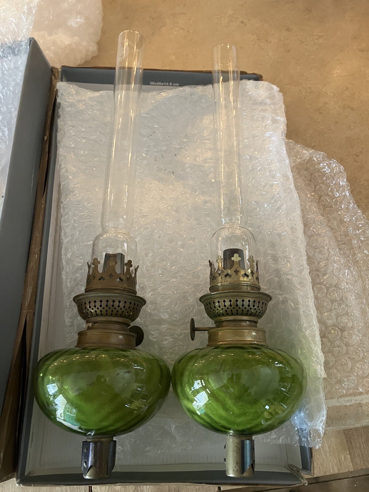 Set Of (2) Antique Kosmos Brenner Green Swirl Hand Blown Glass Oil Burner France-image