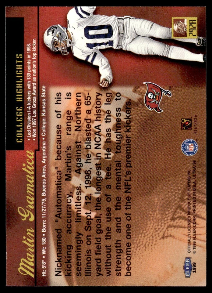 1999 FLEER ULTRA ROOKIE Martin Gramatica Rookie Tampa Bay Buccaneers #292R R181 - Image 2 of 2