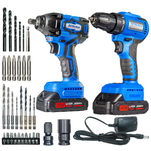 ACDelco Power Tool Combo Kit with 2 Batteries Cordless Drill Impact Driver Tool