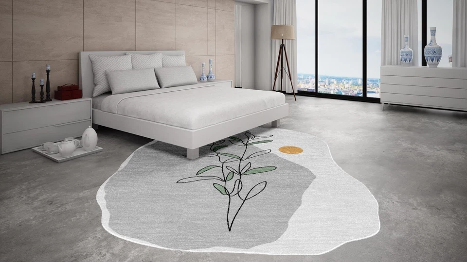 Alfombra de lana abstracta, blanca y gris, alfombra tejida a mano, 100 % lana de oveja de Nueva Zelanda Foto 2 de 4