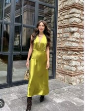 Zara Size XS Olive Green Satin Halter Neck Dress NWT 3044 845