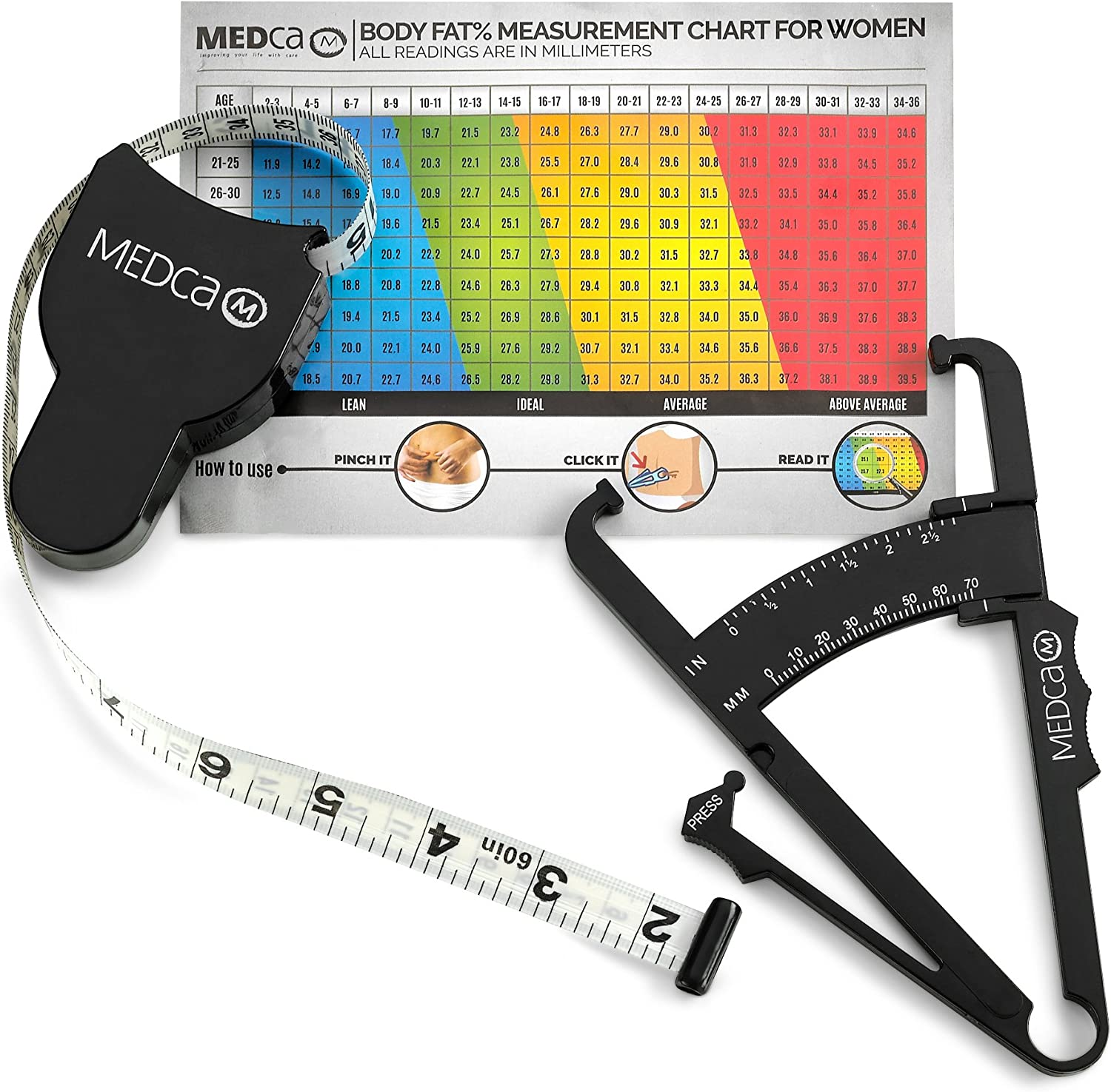 Body  Fat  Caliper  and  Measuring  Tape  for  Body -  Skinfold  Calipers  and