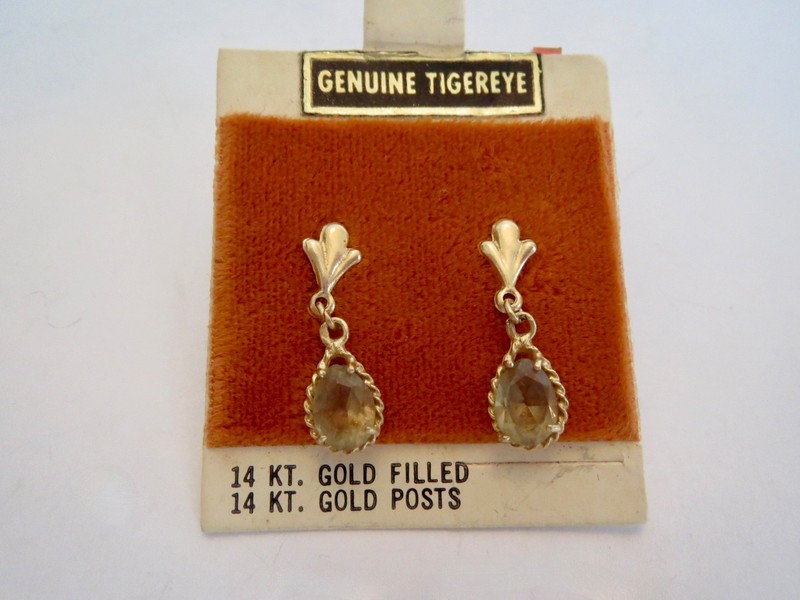 VTG Genuine Tiger's Eye 14K Yellow Gold Posts Gold Filled Dangle Drop EARRINGS