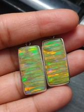 Sterling Silver Yellow Green Fire Aurora Opal Rectangle Dangle Earrings Jewelry