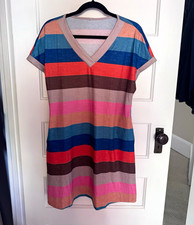 Women’s Multicolor Striped Knit T-Shirt Dress V-Neck Short Sleeve Short M