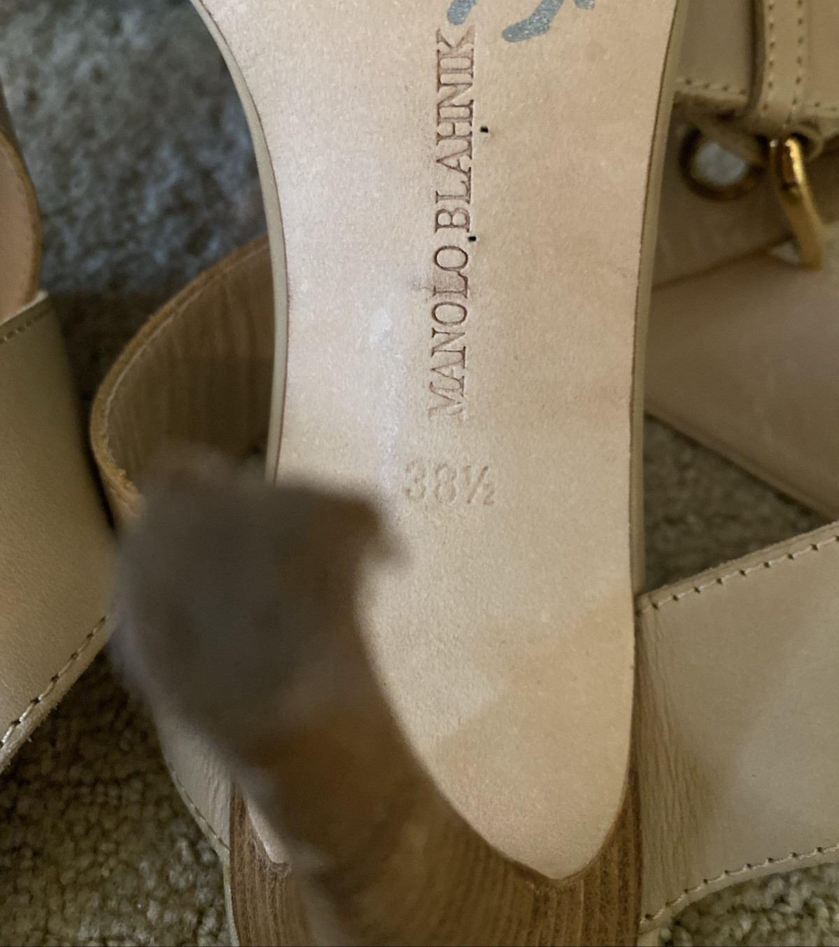 MANOLO BLAHNIK Tan Leather Heel Gold Buckle 8.5 Open Toe Ankle Strap RARE Iconic image 7