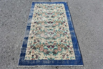 3,6x6,6 ft Rug, Turkish Vintage Rug, Blue Moroccan Wool Rug