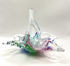 Vintage Murano Venetian Multicolor Pastel Swirl Hand Blown Art Glass Basket Dish