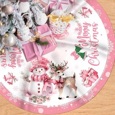 48In Pink Christmas Tree Skirt Merry Xmas Decor Snowman Mat w Deer Wreath Bell
