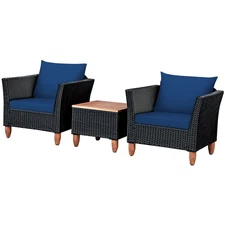 Outdoor 3PCS Patio Rattan Furniture Set Wooden Table Top Cushioned Sofa Navy