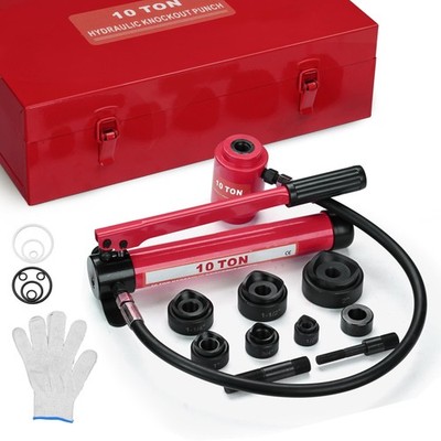 10T Hydraulic Knockout Punch Hand Pump 6 Dies Hole Tool Driver Kit w/ Metal Case