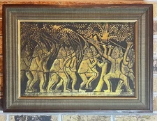Vintage MCM Angko Rubbing Art Thailand Gold Black Hunting 23x17 Rare & Unique!