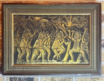 Vintage MCM Angko Rubbing Art Thailand Gold Black Hunting 23x17 Rare & Unique!
