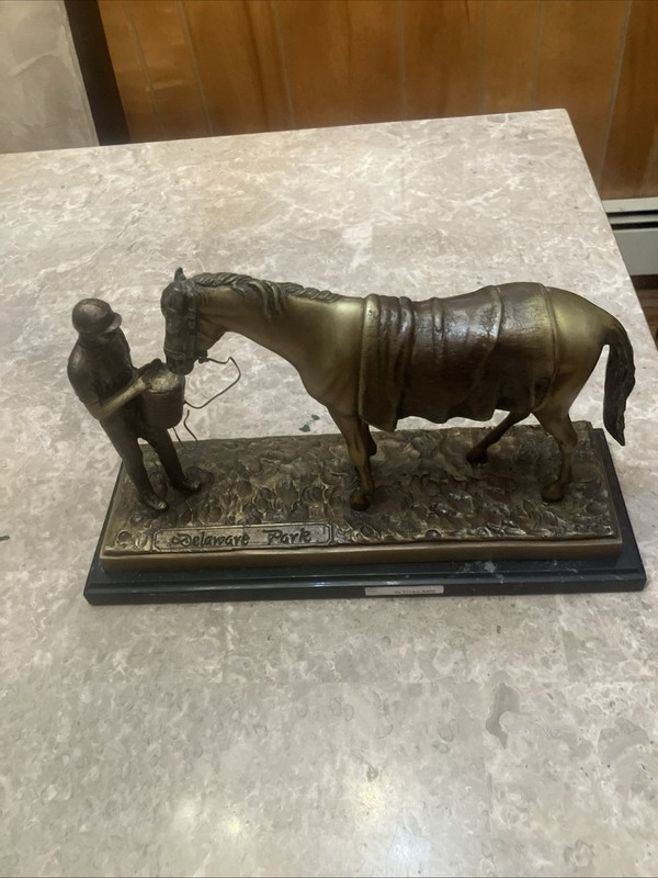 Bronze Figure Jockey Feeding Horse Delaware Park 