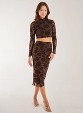 Pink Vanilla Womens CHOCOLATE Flocked Floral Midi Skirt