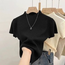 Women Basic Turtleneck Knit Sweater Slim Fit Short Sleeve Summer Pullover