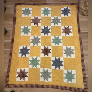 Vintage Hand Stitched Star Patchwork Quilt gingham plaid 58x48