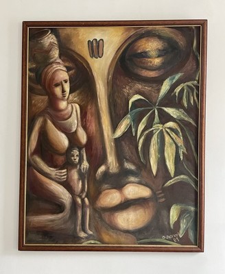 Großes Original Abstraktes Modernist Figuratives Öl auf Karton Gemälde, Signiert