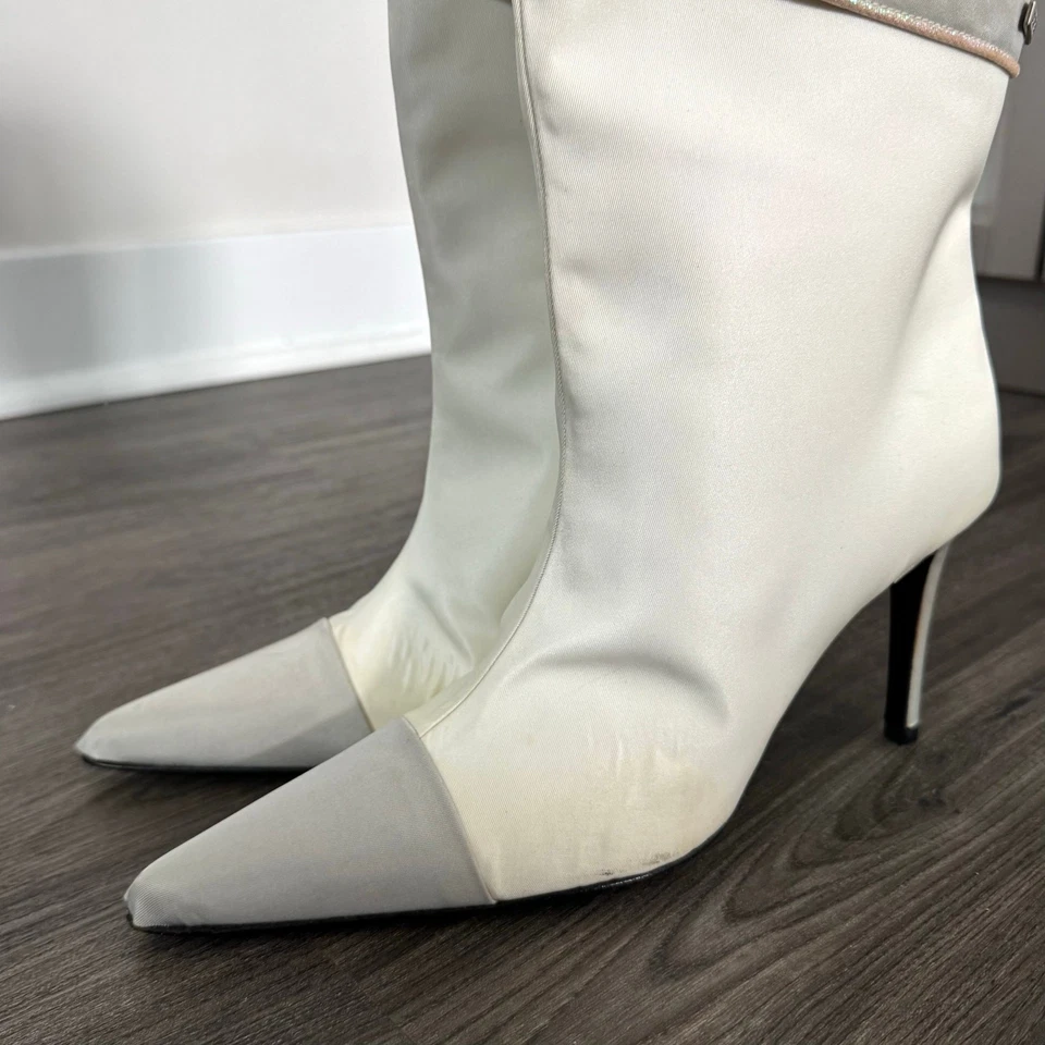 CHANEL Satin Sock White Grey Point Cap Toe Calf Booties 37 Pull On Metallic Trim - Image 3 of 4