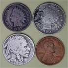 Lot of 4 Old Coins – 1 Indian Head Penny, 1 Lib V 5c, 1 Buffalo 5c & 1 Linc 1c