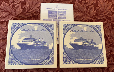 2 Holland America Line - BLUE TILE COASTER - Rotterdam and Amsterdam 4 x 4'' set