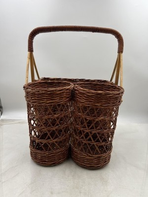 Vintage Wicker Bottle Carrier Picnic Basket Dual Cylinder Rectangular Compartmen