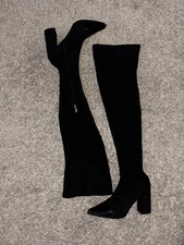 PrettyLittleThing Black Over-the-Knee High Heel Boots – Suede & Patent Toe
