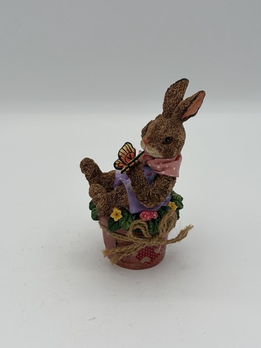 Vintage Bunny In Flower Pot Flowers Butterfly Easter Resin Figurine 5"