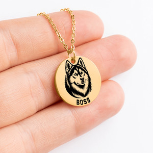 Authentic Personalized engraved Husky necklace in a jewelry box with a sweet message card