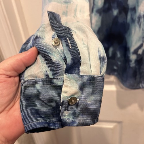 Calvin Klein Women Blue Abstract Art Button Down Blouse Top Roll Tab Size Large - Afbeelding 4 van 8