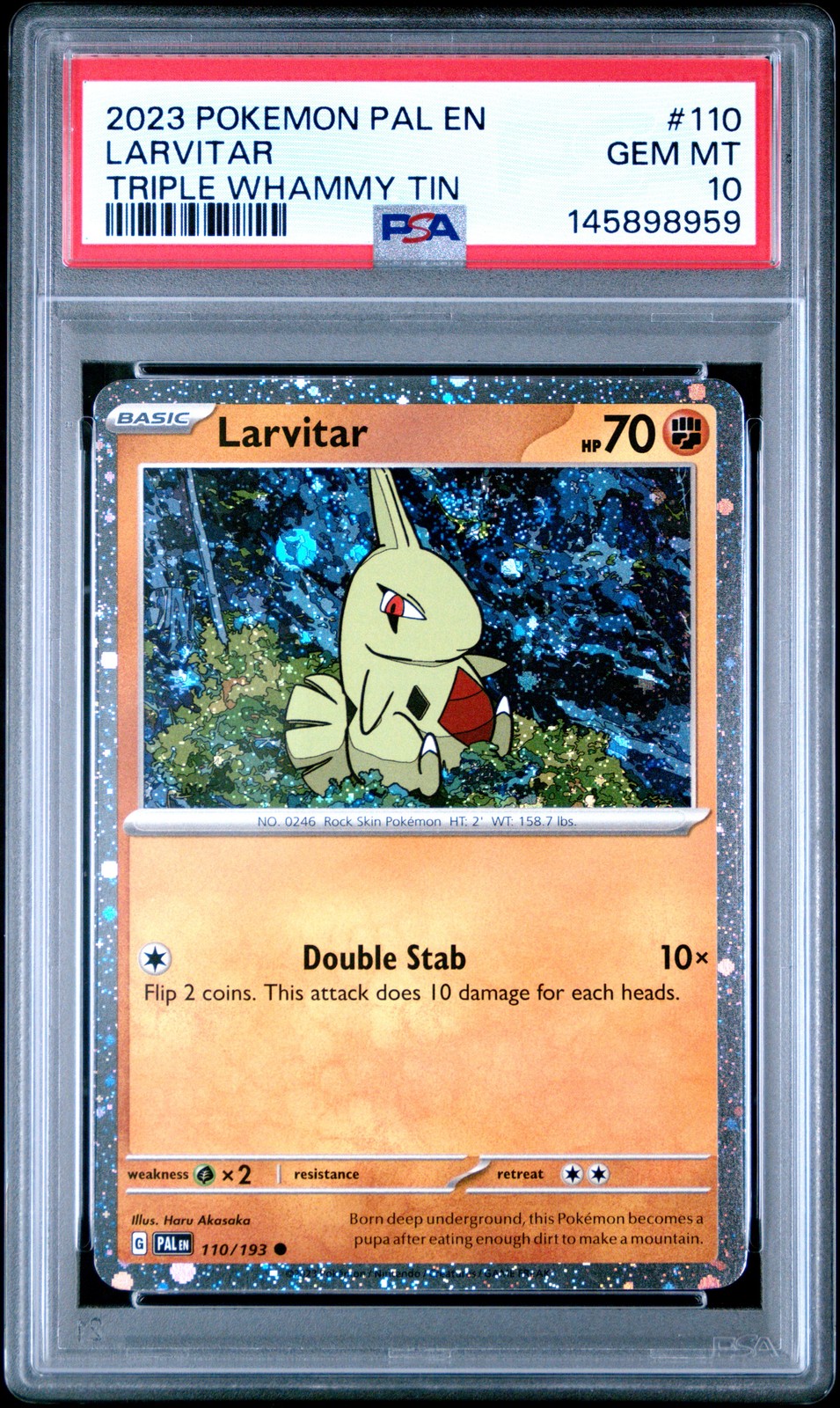 2023 POKEMON PAL EN-PALDEA EVOLVED TRIPLE WHAMMY TIN #110 LARVITAR PSA 10
